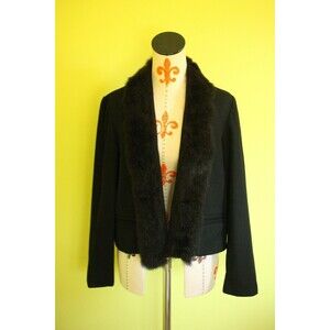 VTG NORGAIL 100% Wool Open Front Short Jacket Faux Mink Fur Black USA Made